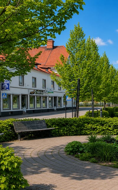 Landscaped pedestrian square with benches and shopfronts lining a quiet street in central Tierp, Sweden.