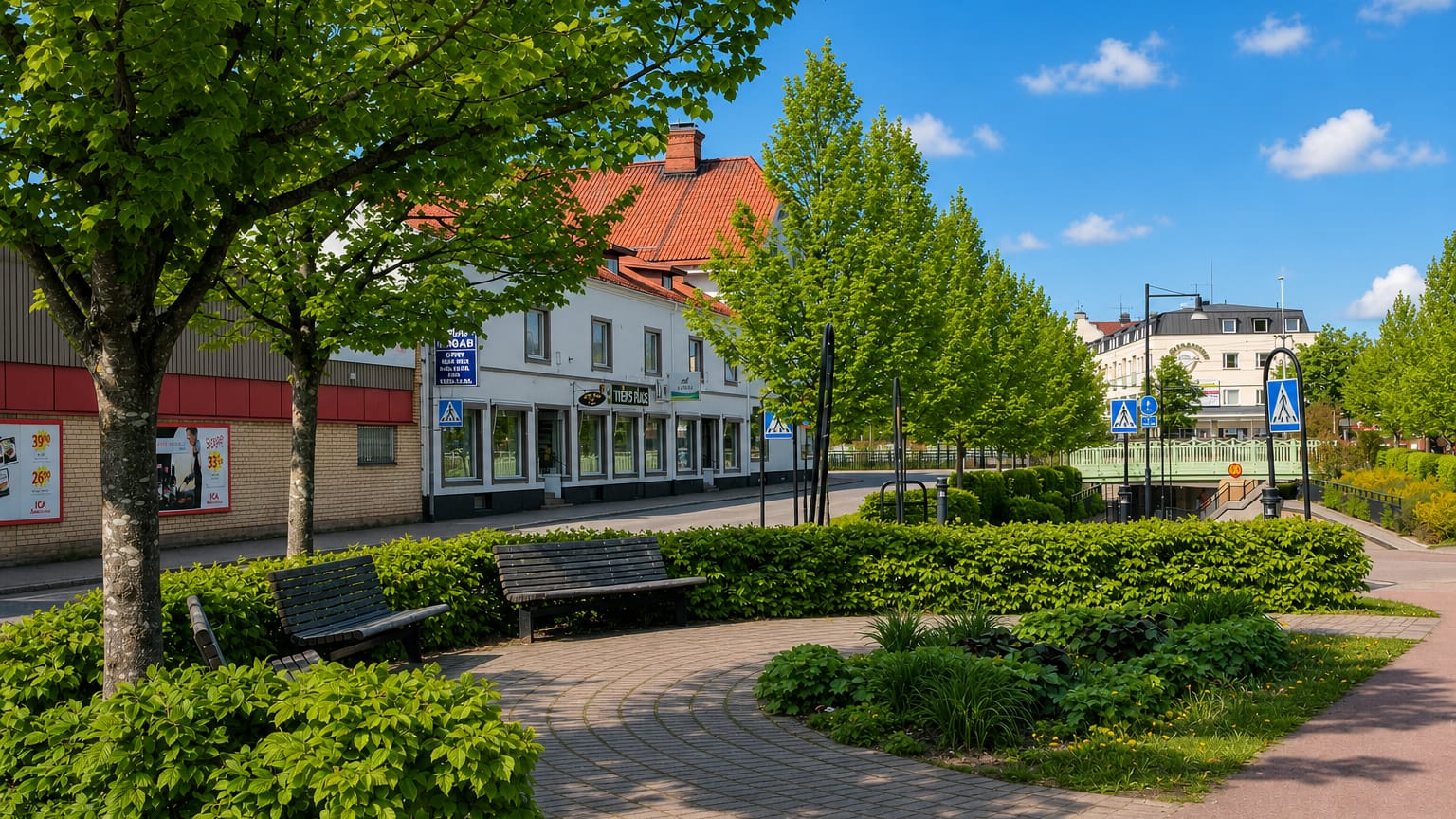 Landscaped pedestrian square with benches and shopfronts lining a quiet street in central Tierp, Sweden.