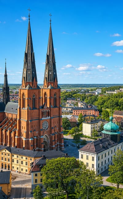 Uppsala Cathedral's twin spires above the old town with Uppsala Castle on the ridge under a blue sky