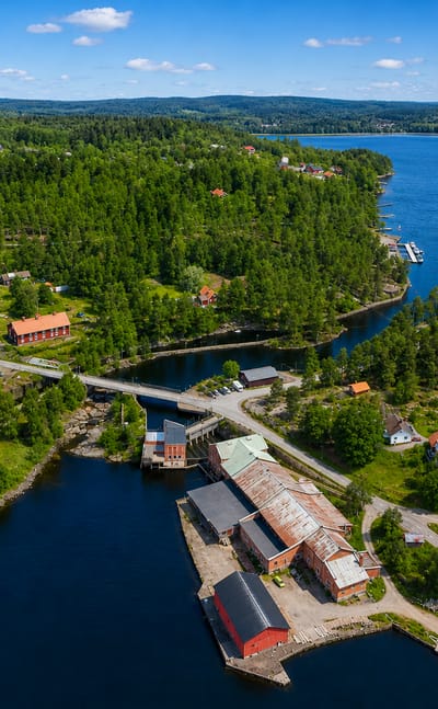 Aerial view of Årjäng by a Värmland lake with an old red mill building and marina among forest