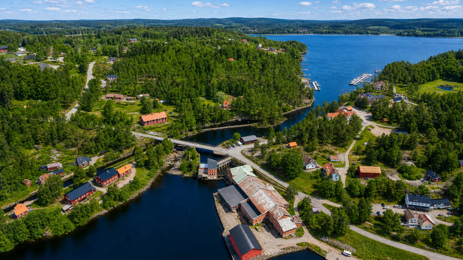 Aerial view of Årjäng by a Värmland lake with an old red mill building and marina among forest