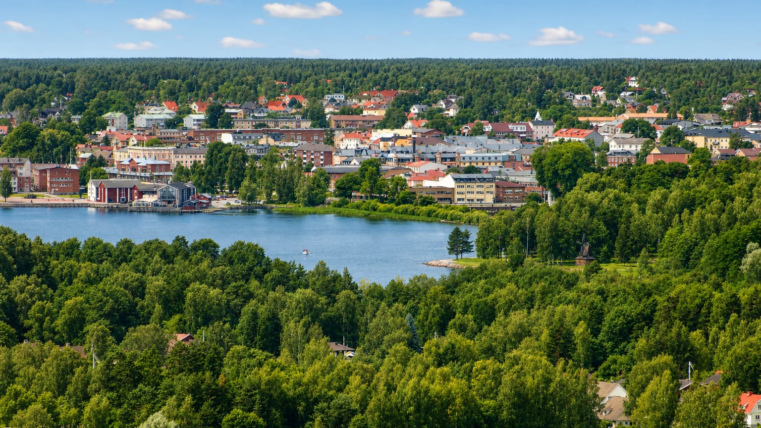 Arvika, Sweden, its red and ochre town centre set on a lake and surrounded by dense green forest under a summer sky.