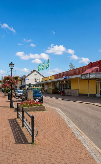 Pedestrian street through the town centre of Charlottenberg, Sweden, with shops and Swedish and Norwegian flags.