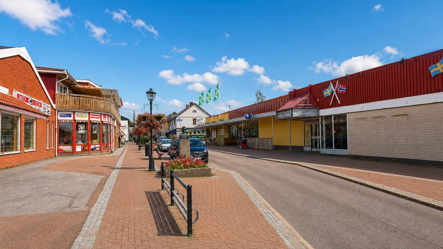 Pedestrian street through the town centre of Charlottenberg, Sweden, with shops and Swedish and Norwegian flags.