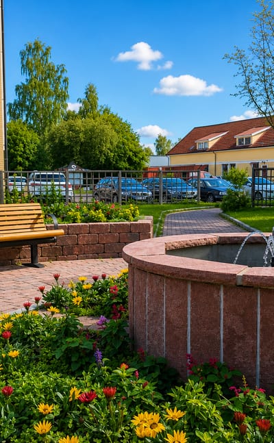 Small town square with a circular brick fountain, flowerbeds and a bench beside apartments in Forshaga, Sweden.