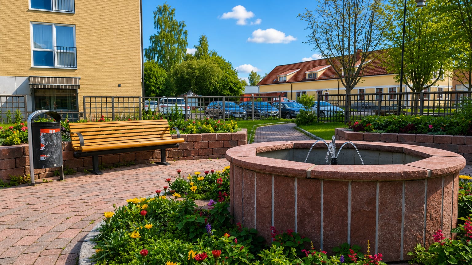 Small town square with a circular brick fountain, flowerbeds and a bench beside apartments in Forshaga, Sweden.