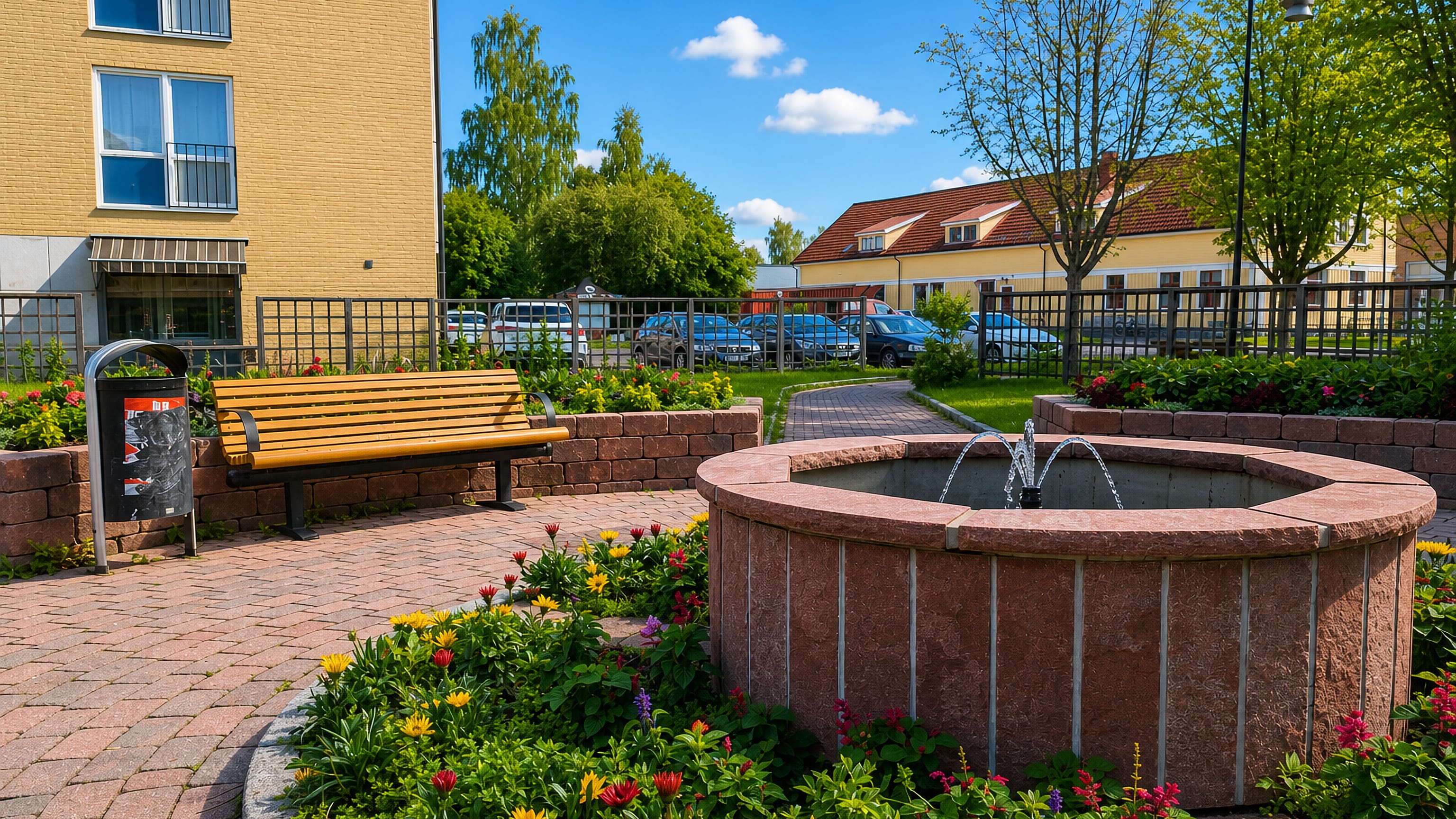 Small town square with a circular brick fountain, flowerbeds and a bench beside apartments in Forshaga, Sweden.