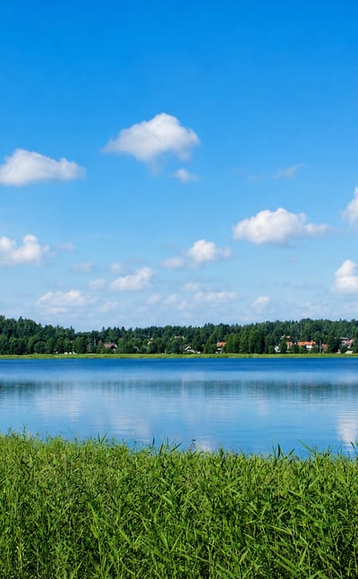 Lake Kroppkärrssjön at Kroppkärr, Sweden: reedy shore, forested far bank with scattered houses under a blue summer sky.