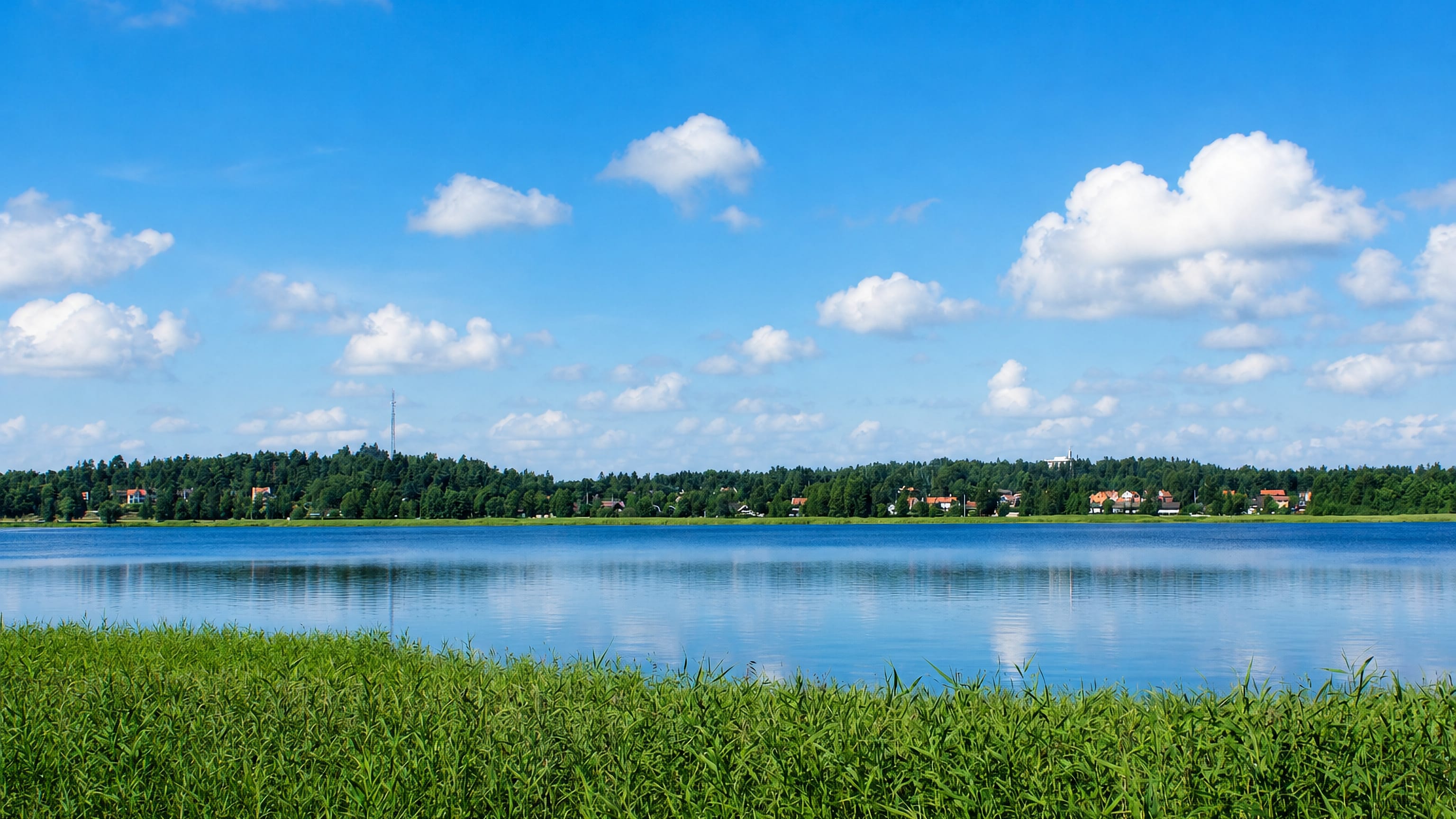 Lake Kroppkärrssjön at Kroppkärr, Sweden: reedy shore, forested far bank with scattered houses under a blue summer sky.