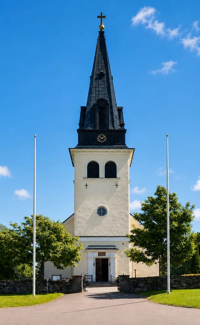 The cream-coloured Kil church with a tall black steeple and cross, framed by trees and a symmetrical tree-lined path.
