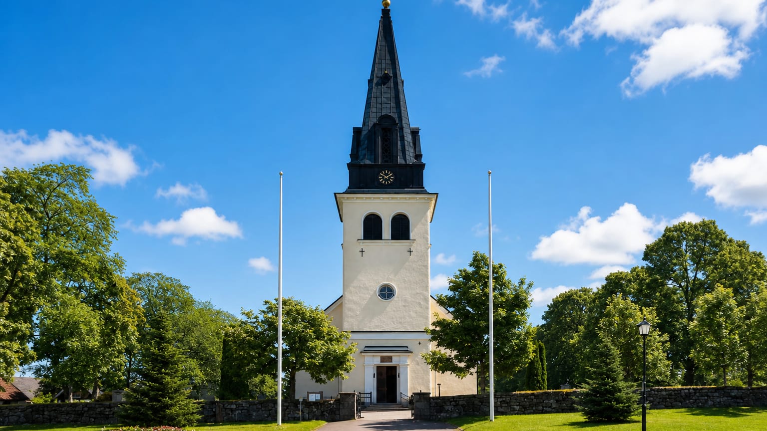 The cream-coloured Kil church with a tall black steeple and cross, framed by trees and a symmetrical tree-lined path.