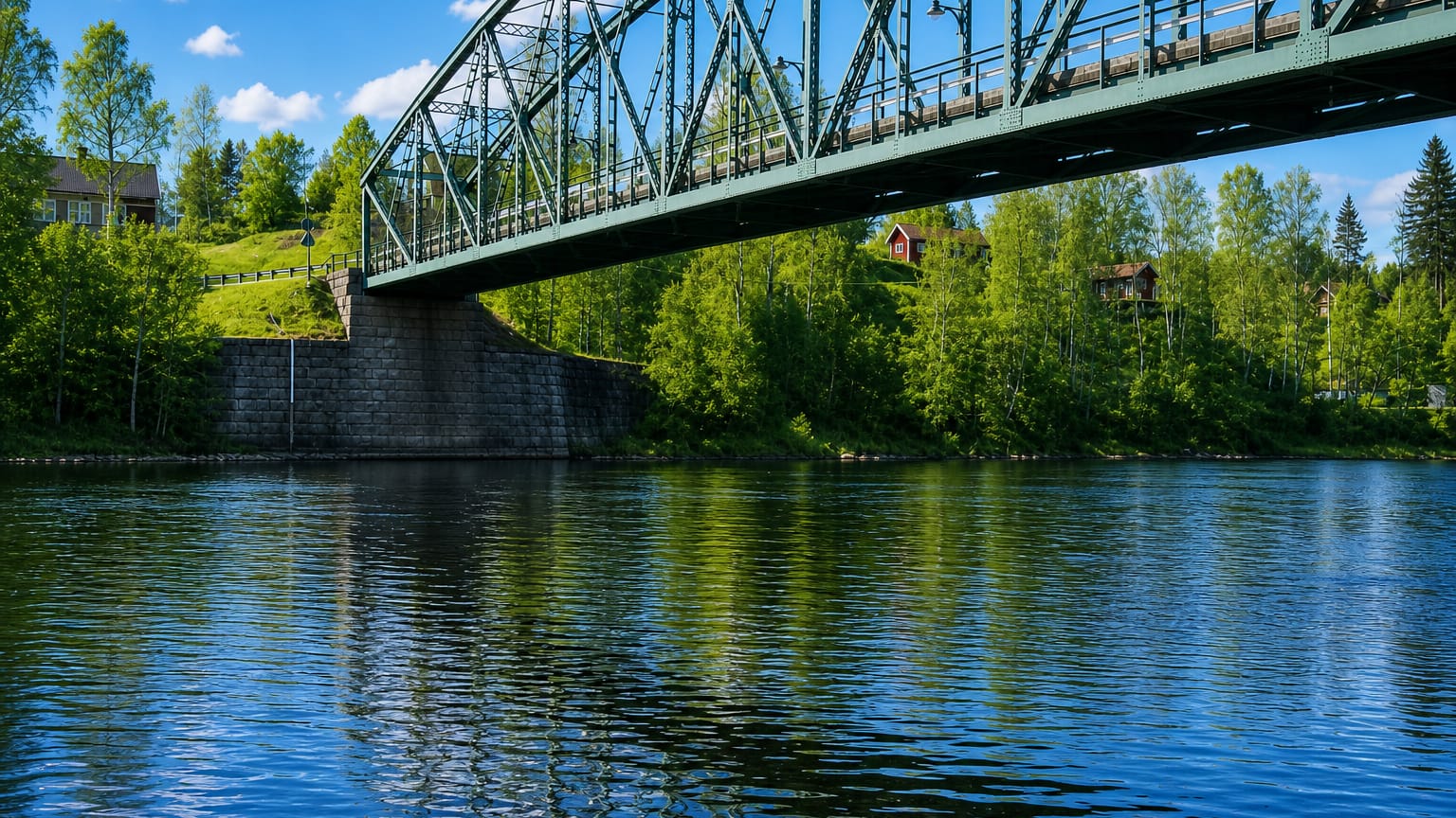 Green steel truss bridge over a river lined with birch woods and red cabins at Munkfors, Sweden.