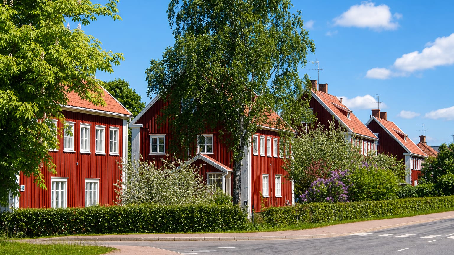 Row of traditional Falu-red wooden houses with white trim along a quiet street in Skoghall, Sweden.