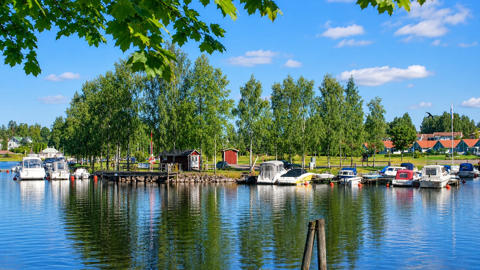 Lakeside marina with moored boats and red cabins framed by birch foliage at Sunne in Varmland, Sweden