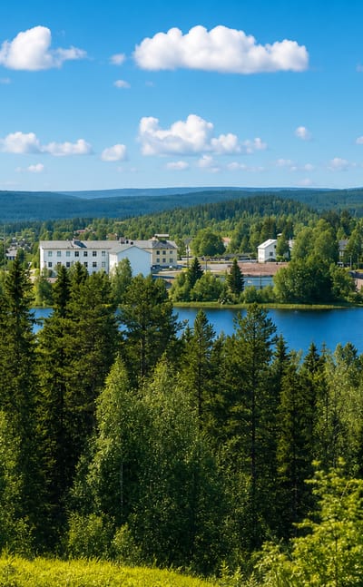Dorotea's white lakeside church and light low buildings rise beyond a spruce-forested ridge and blue lake under a bright summer sky.