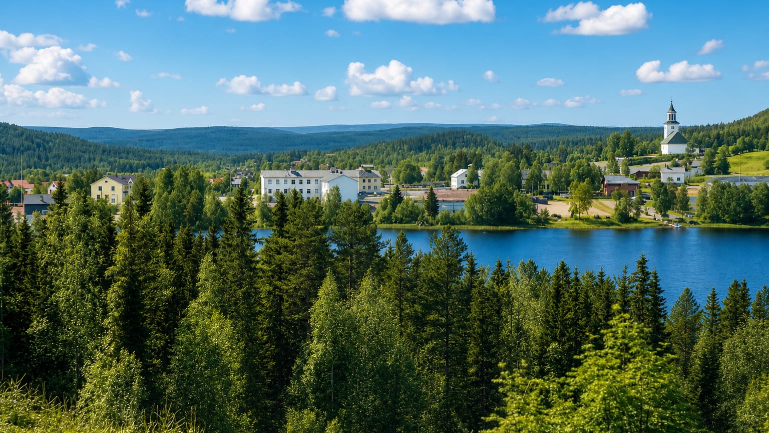 Dorotea's white lakeside church and light low buildings rise beyond a spruce-forested ridge and blue lake under a bright summer sky.