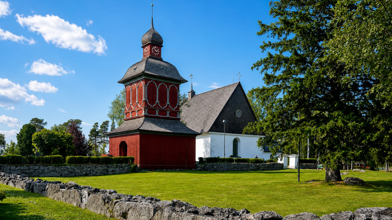 Red timber bell tower beside a white church behind a stone wall in Nordmaling, Sweden.