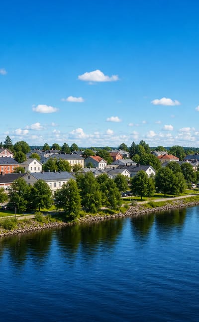 Riverside townscape of Robertsfors, Sweden, with a church spire and old ironworks chimney above the water.