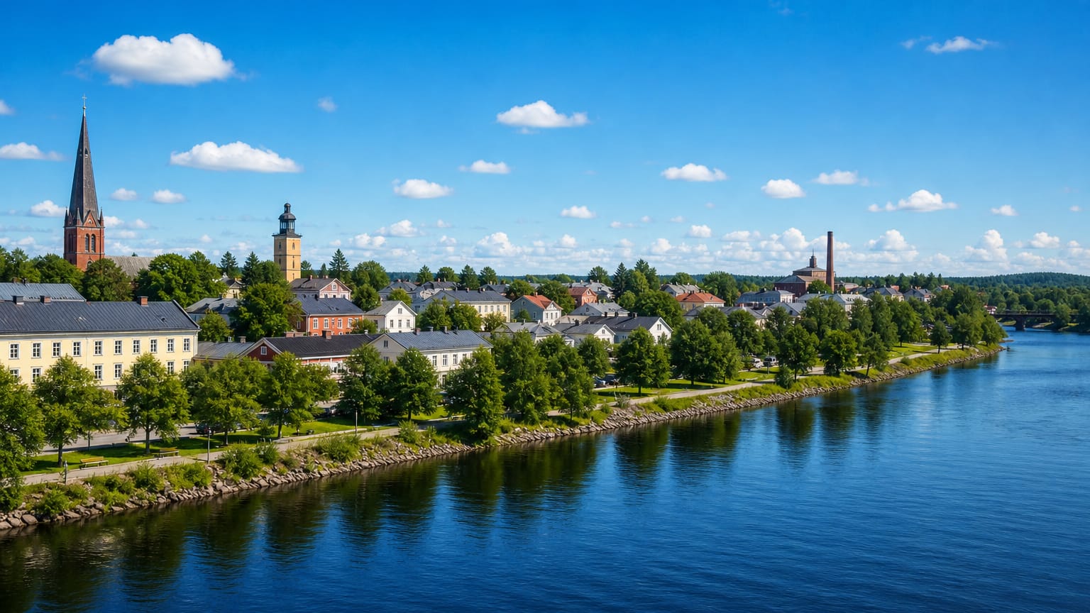 Riverside townscape of Robertsfors, Sweden, with a church spire and old ironworks chimney above the water.