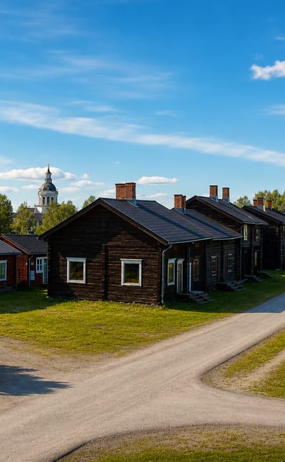 Historic dark-timber church-town cottages with a church spire beyond in Skelleftea, Sweden
