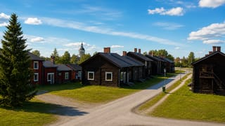 Historic dark-timber church-town cottages with a church spire beyond in Skelleftea, Sweden