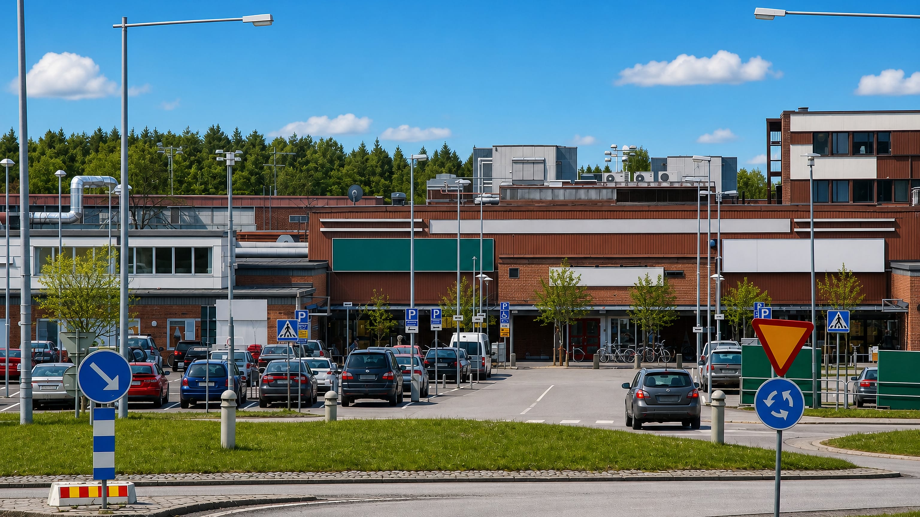 Ålidhem's brick neighbourhood centre in Umeå, with its car park, road signs and pine forest behind