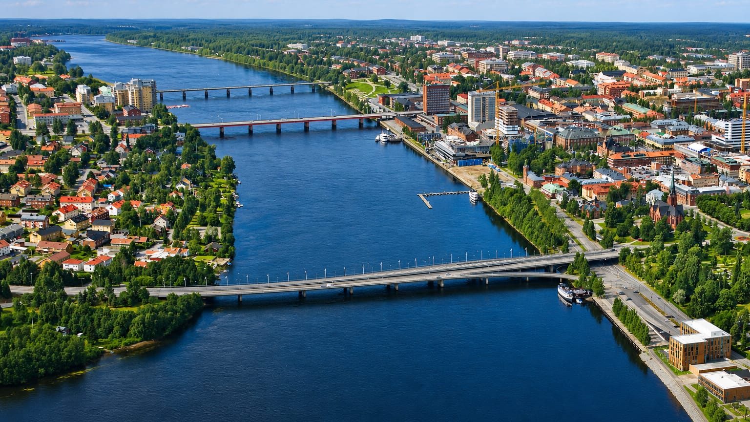 Aerial view of Umea straddling the Ume River with its bridges, riverside buildings and a church spire