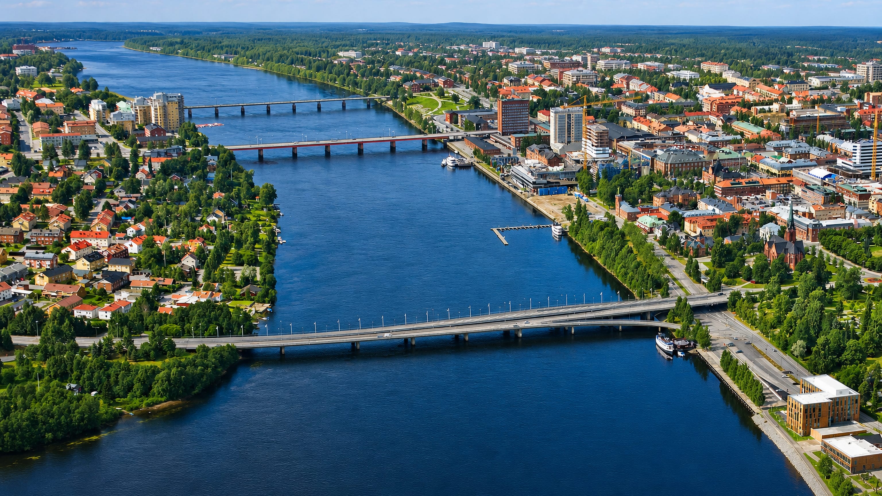 Aerial view of Umea straddling the Ume River with its bridges, riverside buildings and a church spire