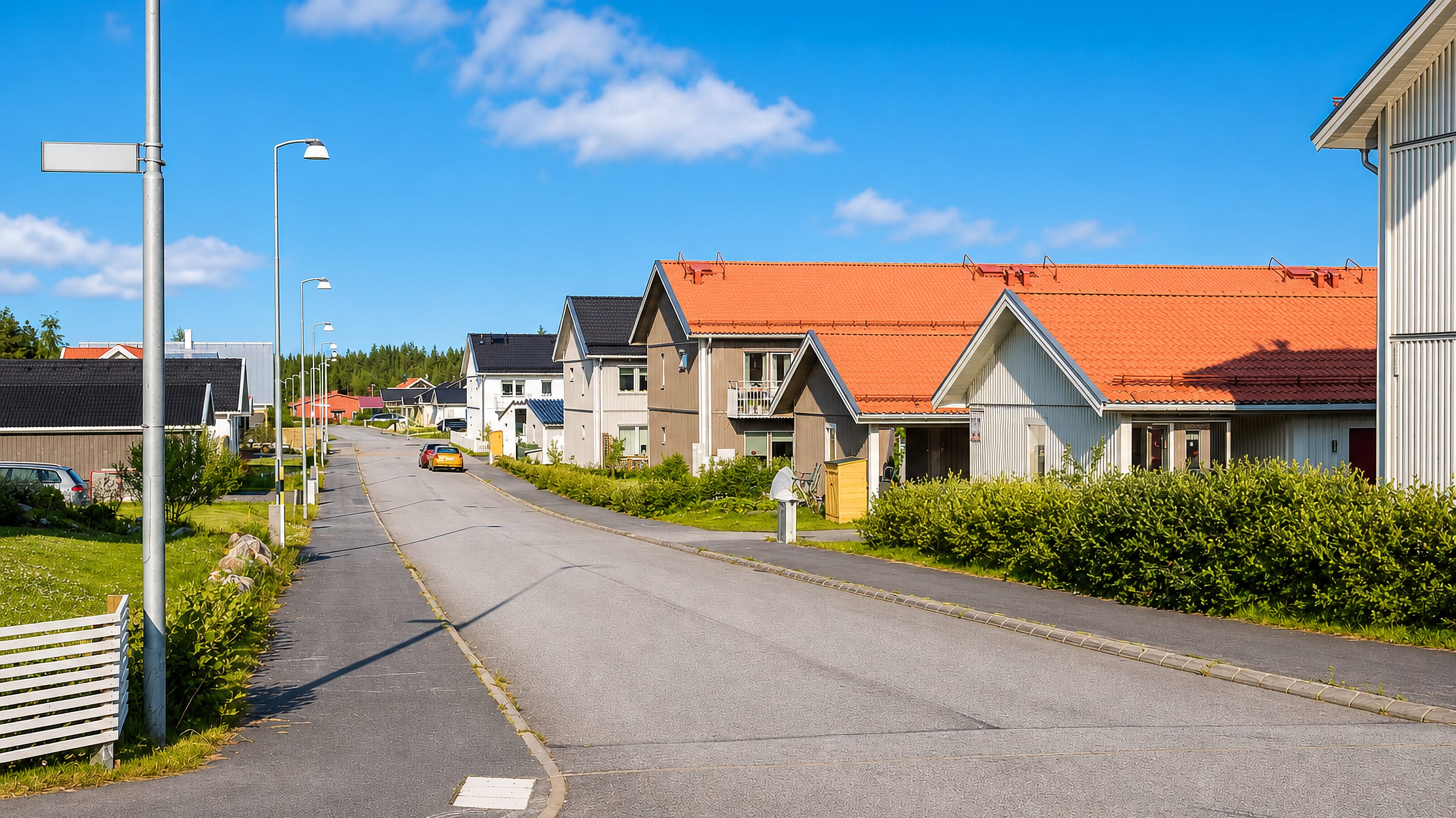 Modern timber houses with red tiled roofs along a quiet street in Tomtebo, Umea.
