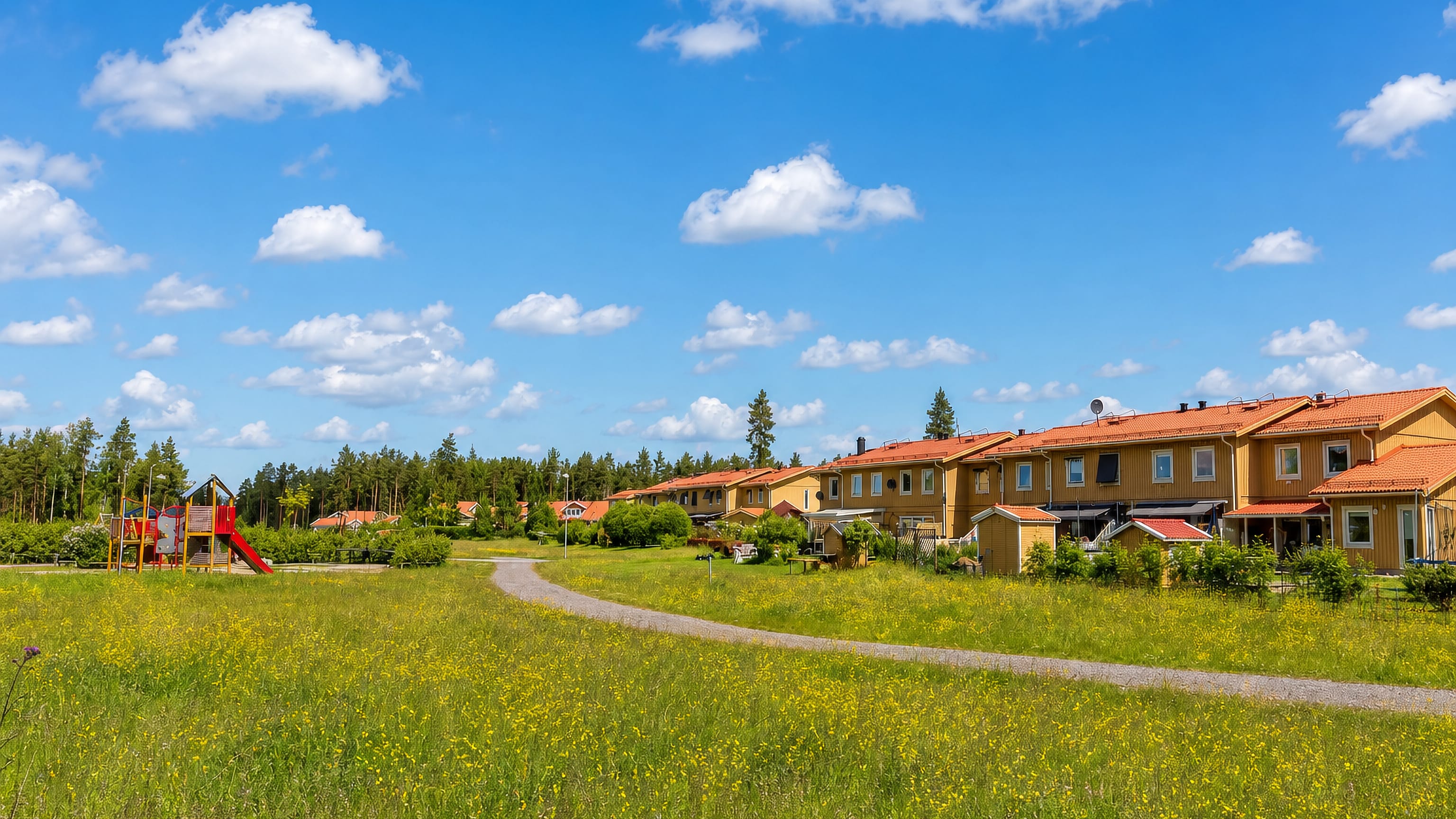 Yellow terraced houses and a playground edging a meadow and pine forest in Umedalen, Umea.