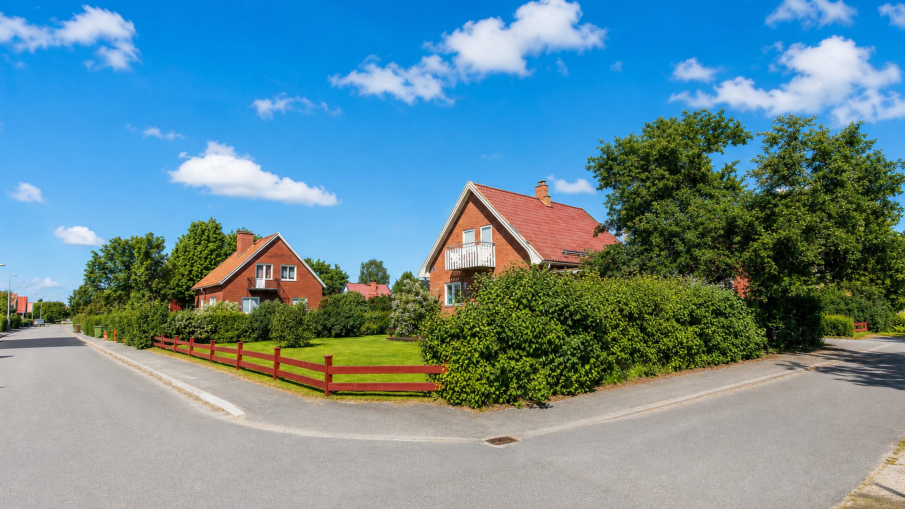 Quiet residential corner in Västerslätt, Umeå, with red-brick houses, clipped hedges and a fenced lawn.