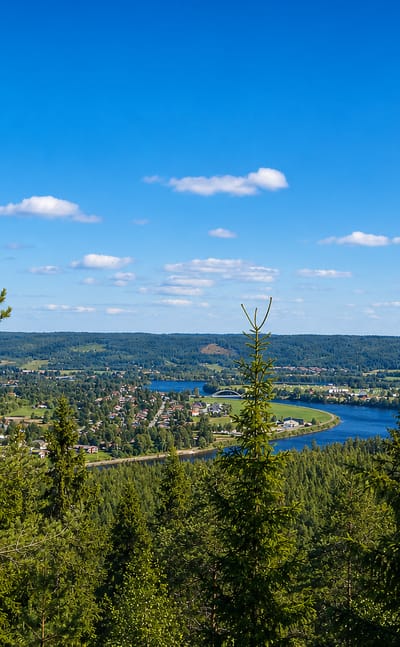 Forested overlook onto a river valley and small settlement near Vannas, Sweden