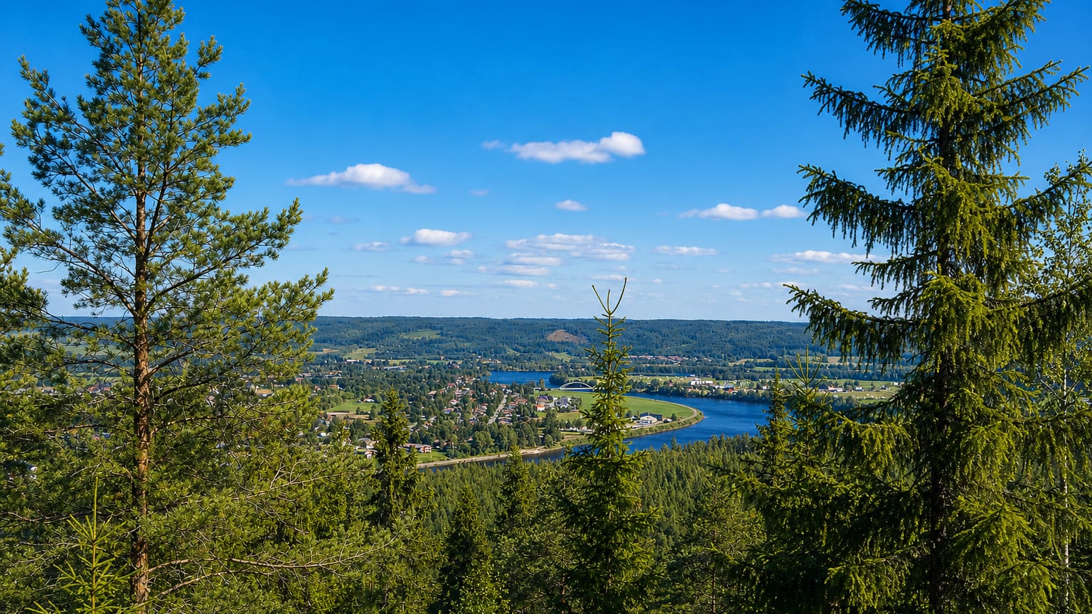 Forested overlook onto a river valley and small settlement near Vannas, Sweden