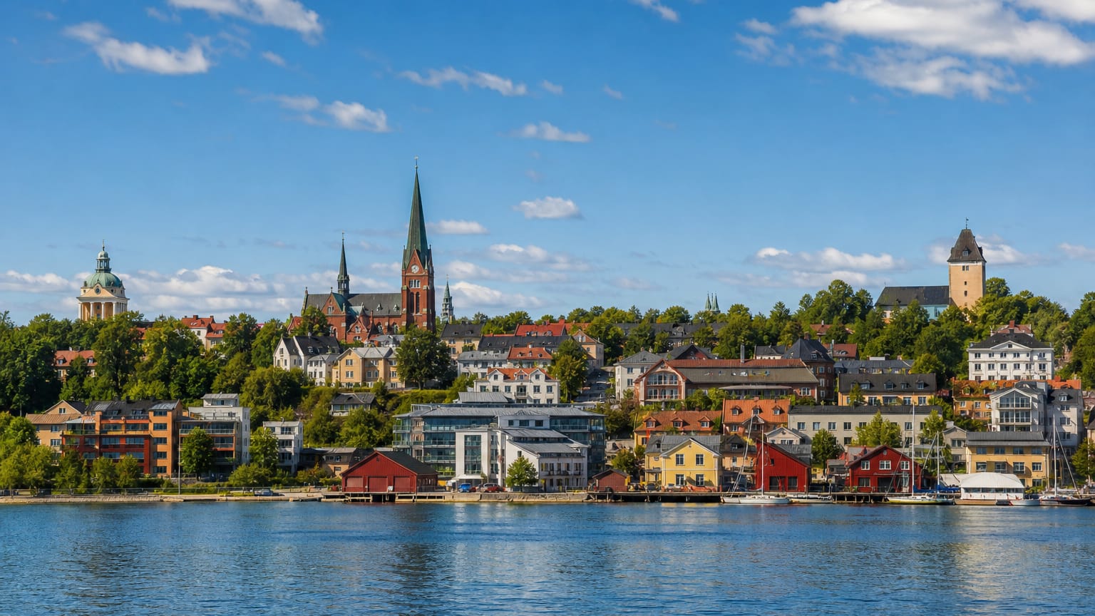 Harnosand waterfront across the water with the cathedral spire, a domed civic building and colourful harbour houses under a summer sky