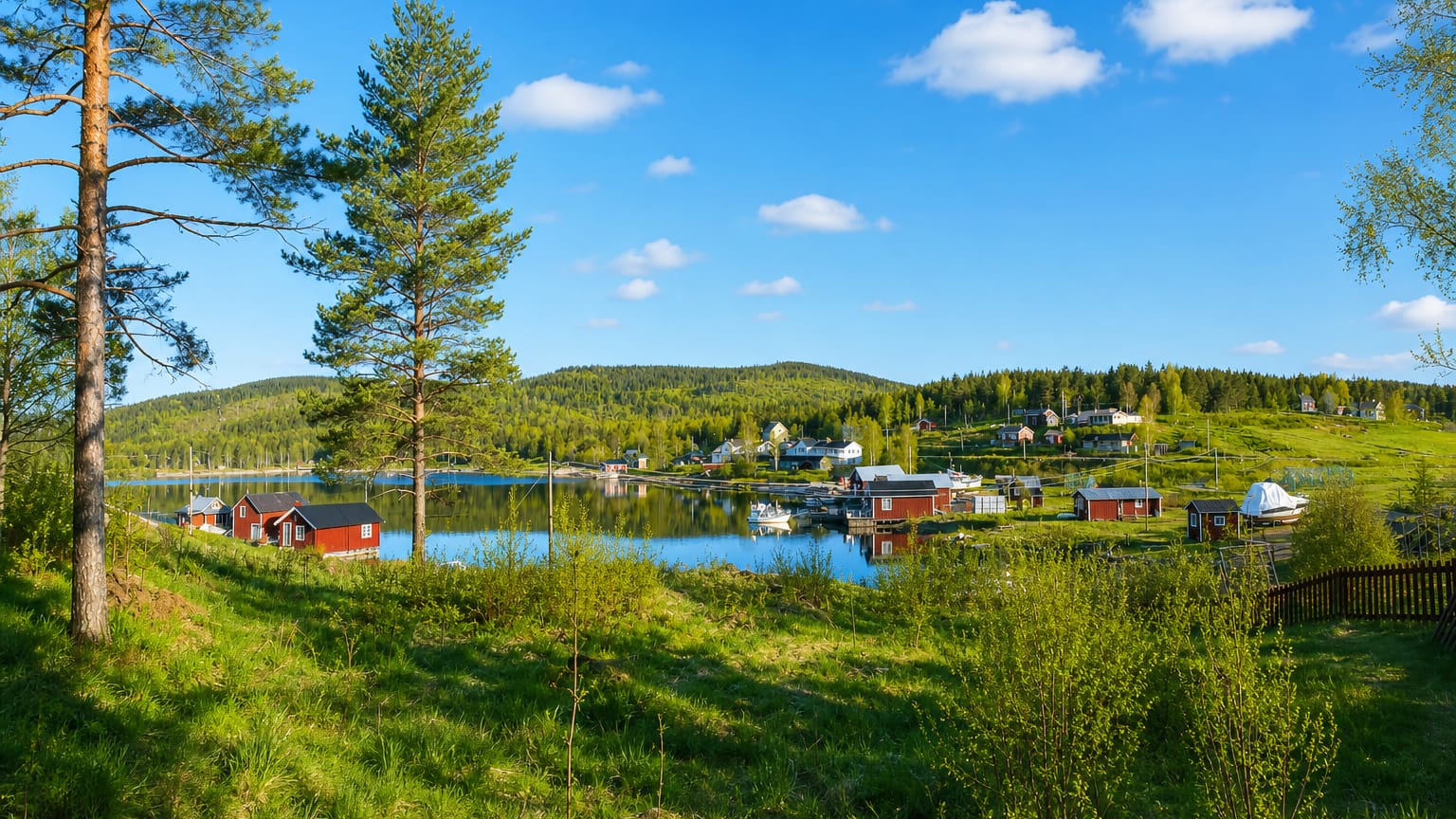 Red cabins along a calm forested lakeshore with wooded hills near Kramfors, Sweden