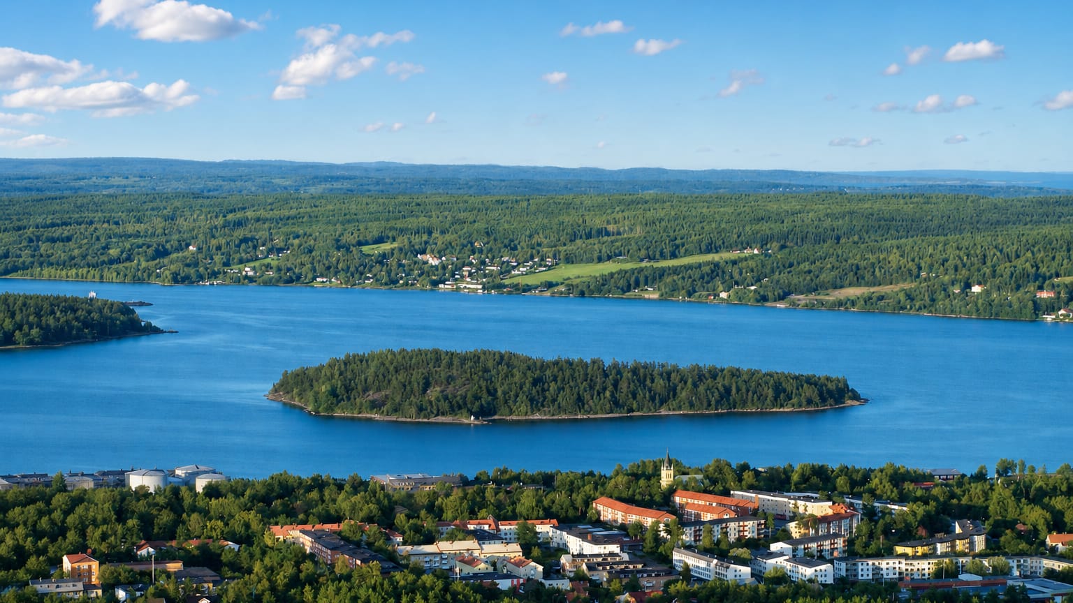 Aerial view of Skönsmon's lakeside apartment blocks among forest, with a wooded island and rolling hills near Sundsvall