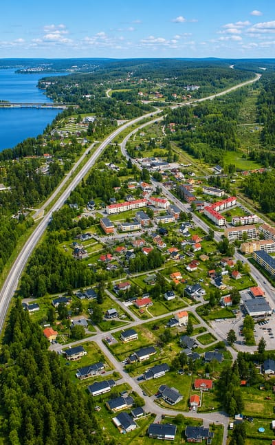 Aerial view of Timra, Sweden, a lakeside town of houses and low blocks amid pine forest crossed by a highway.