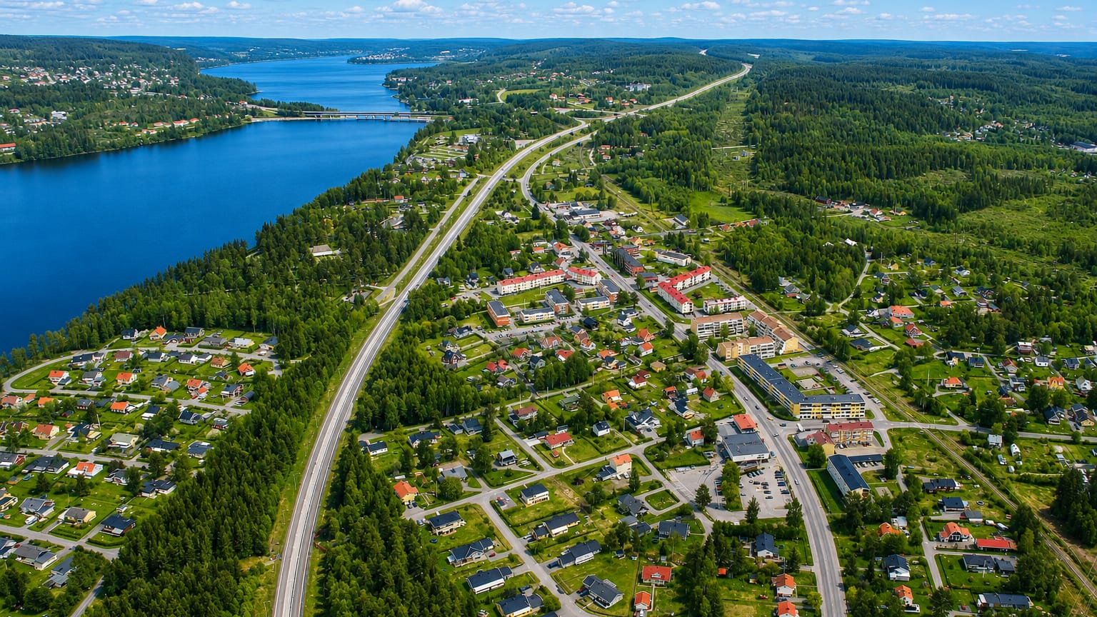 Aerial view of Timra, Sweden, a lakeside town of houses and low blocks amid pine forest crossed by a highway.