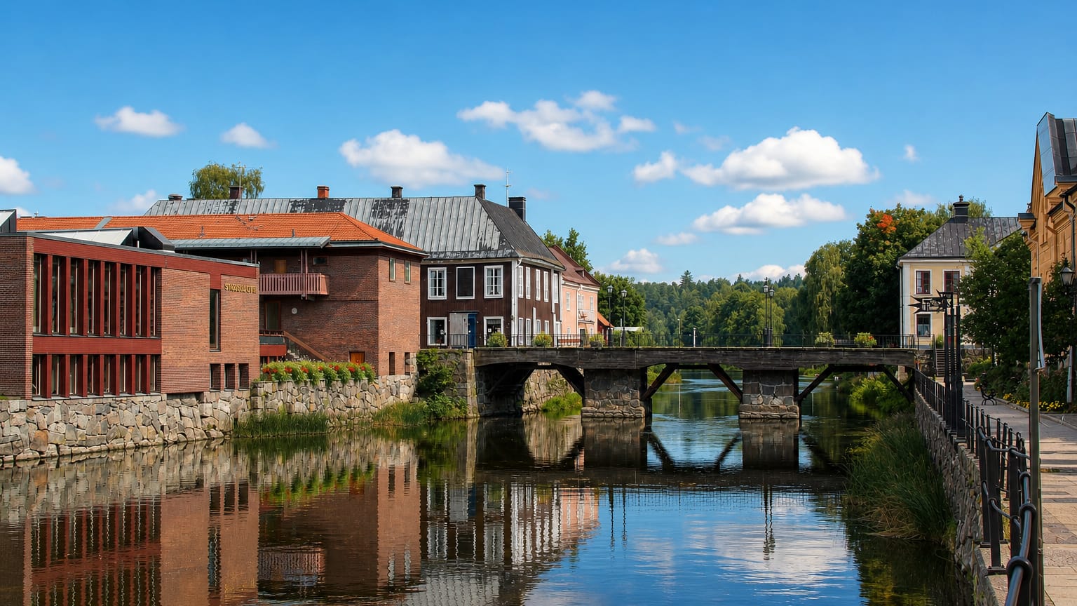 Red-brick buildings and a stone arch bridge reflected in the Arbogaan river in Arboga, Sweden.