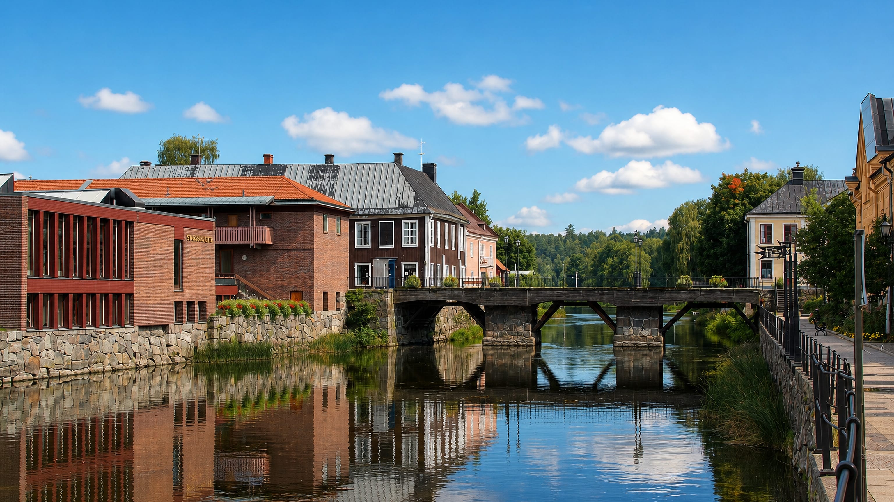 Red-brick buildings and a stone arch bridge reflected in the Arbogaan river in Arboga, Sweden.