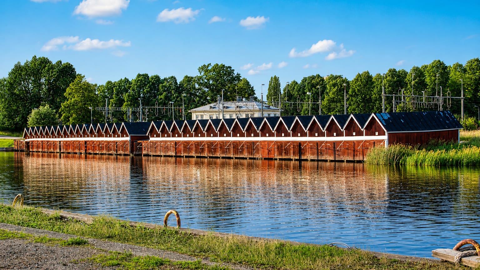 Row of red wooden boathouses reflected in a calm canal under blue sky at Köping, Sweden