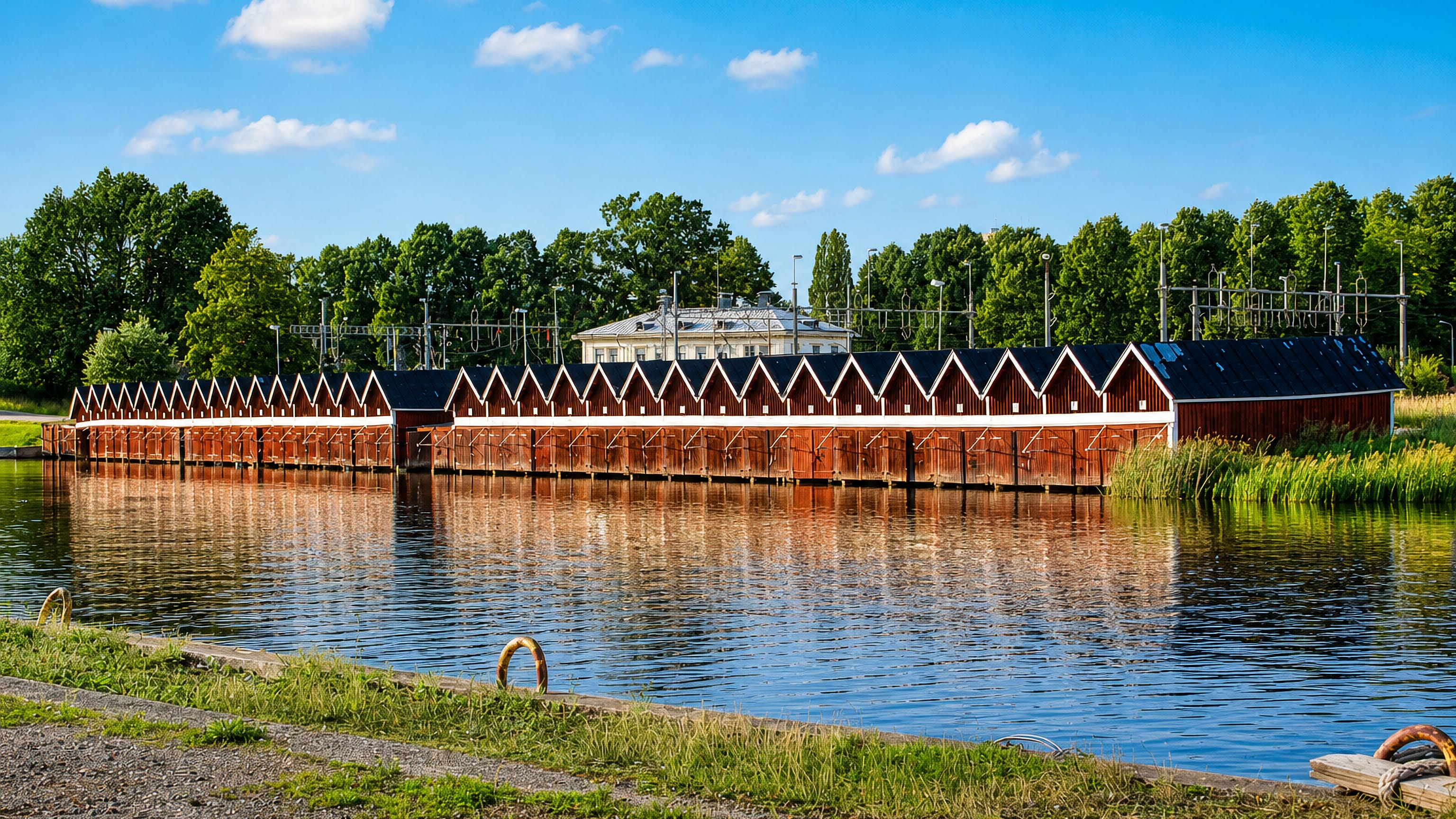 Row of red wooden boathouses reflected in a calm canal under blue sky at Köping, Sweden