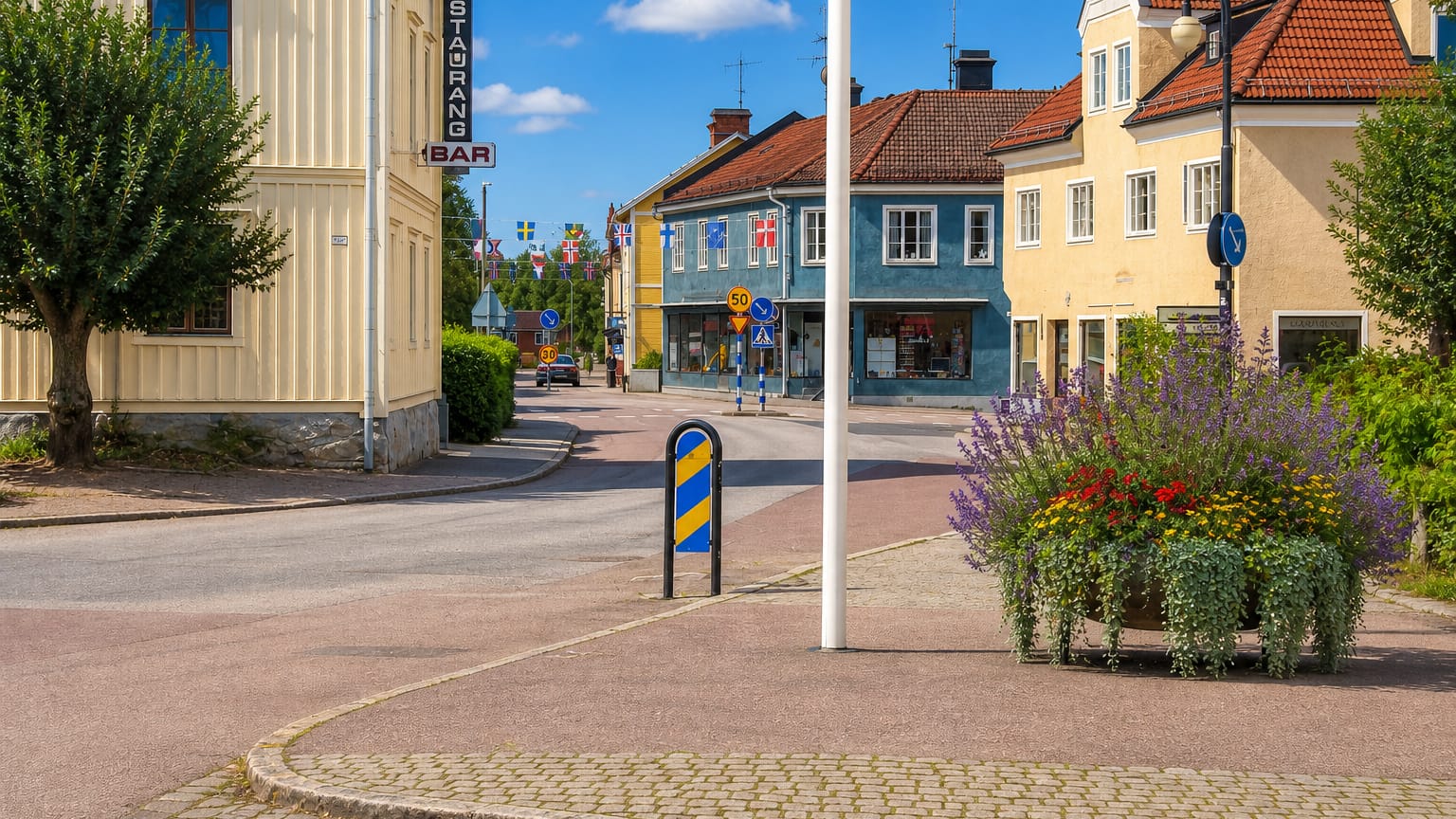 Yellow timber houses, Nordic flag bunting and a flower planter along a cobbled street in Norberg, Sweden.