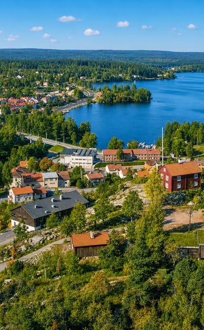 Aerial view of Bengtsfors beside its Dalsland lake with red buildings and roads amid forest