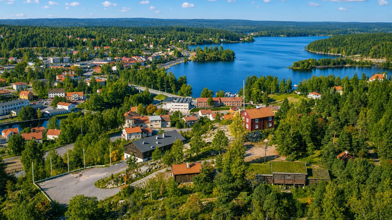 Aerial view of Bengtsfors beside its Dalsland lake with red buildings and roads amid forest