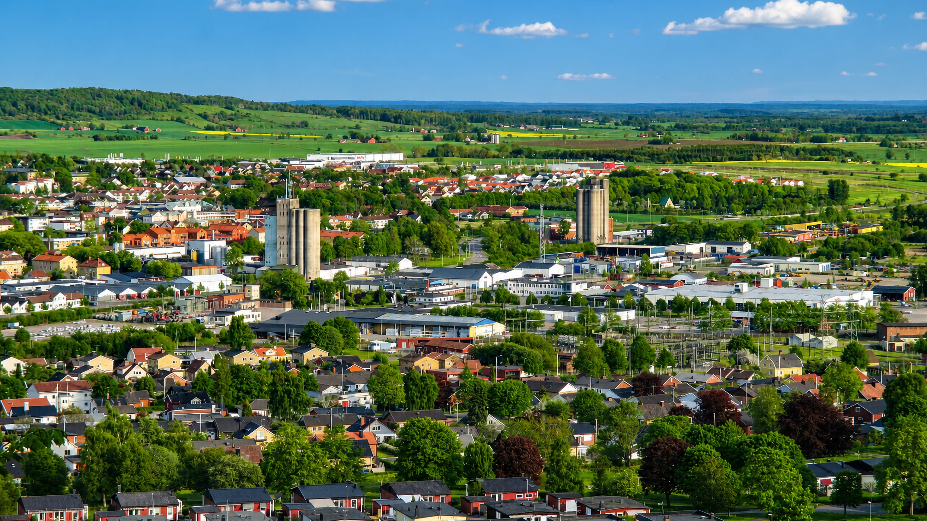 Aerial view of Falköping, Sweden with silo towers and red-roofed houses amid green farmland