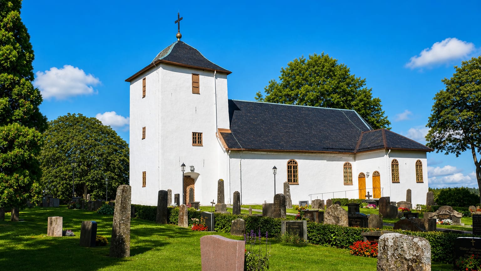 Färgelanda's whitewashed stone church with a dark roof, set in a green churchyard dotted with gravestones.