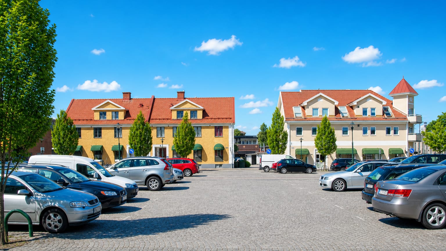 Cobbled town square in Götene, Sweden, framed by yellow and cream buildings with red-tiled roofs.