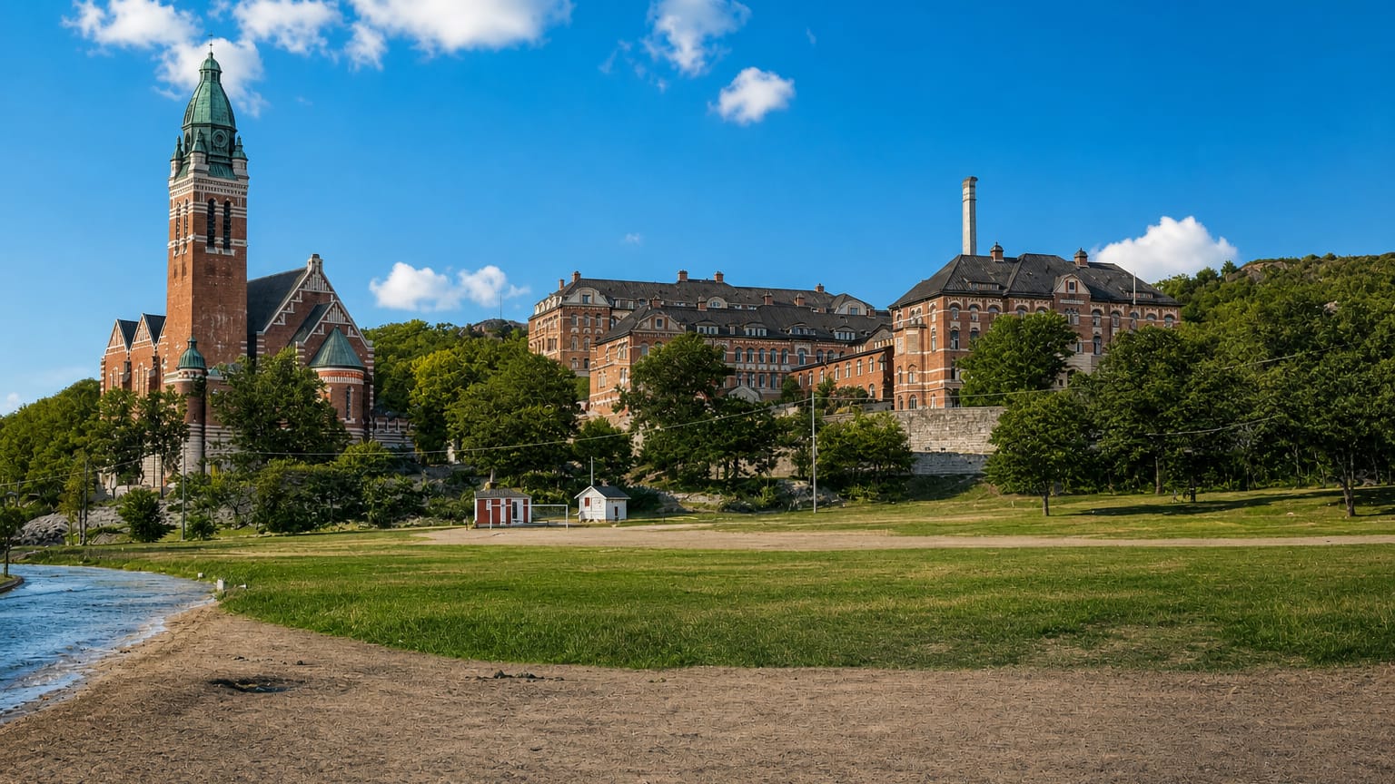 Red-brick Annedalskyrkan church and brick institutional buildings on a green hillside above a parkland field in Annedal, Gothenburg.