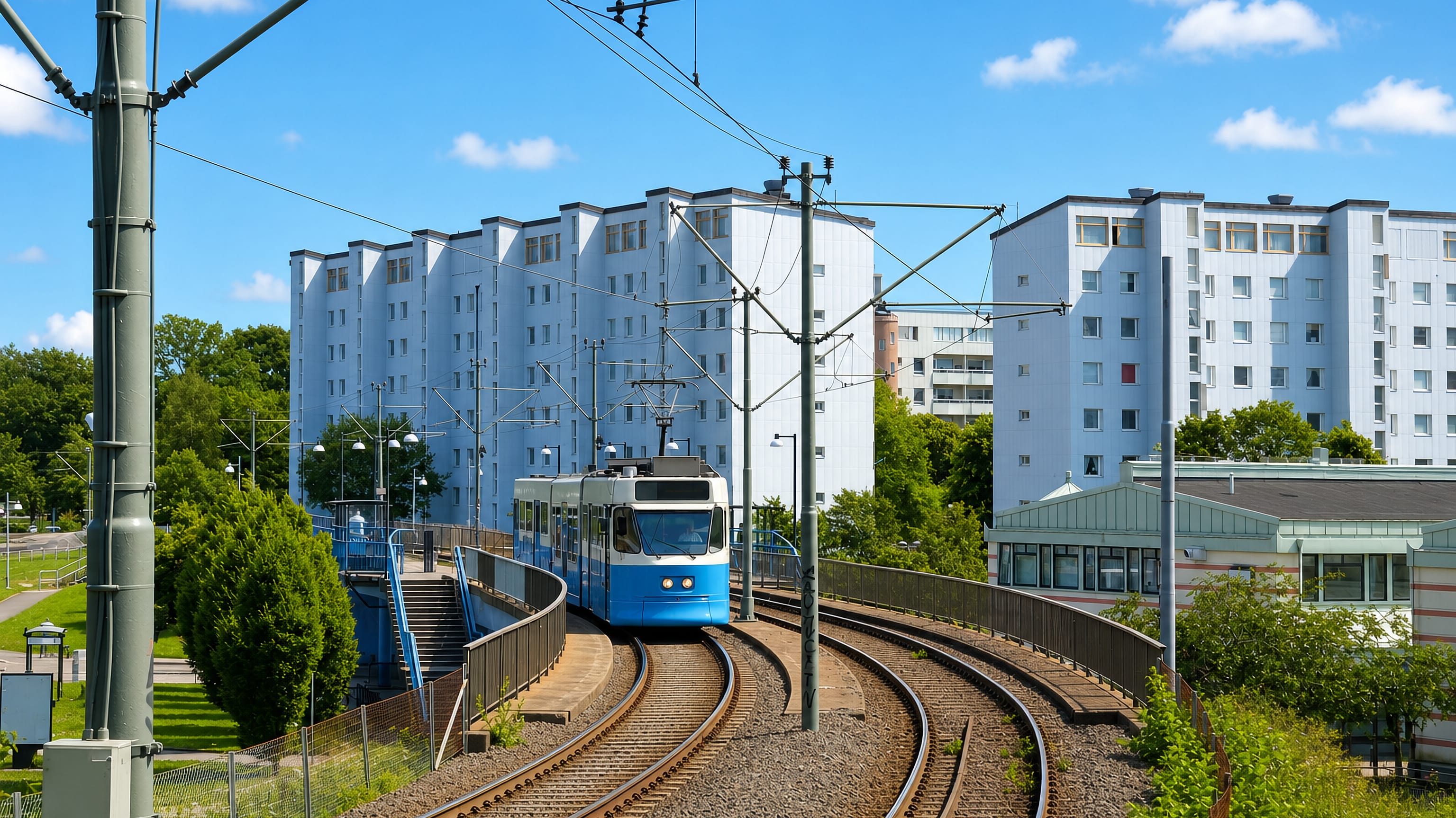 A blue Gothenburg tram curving past white apartment blocks in the Biskopsgården district.